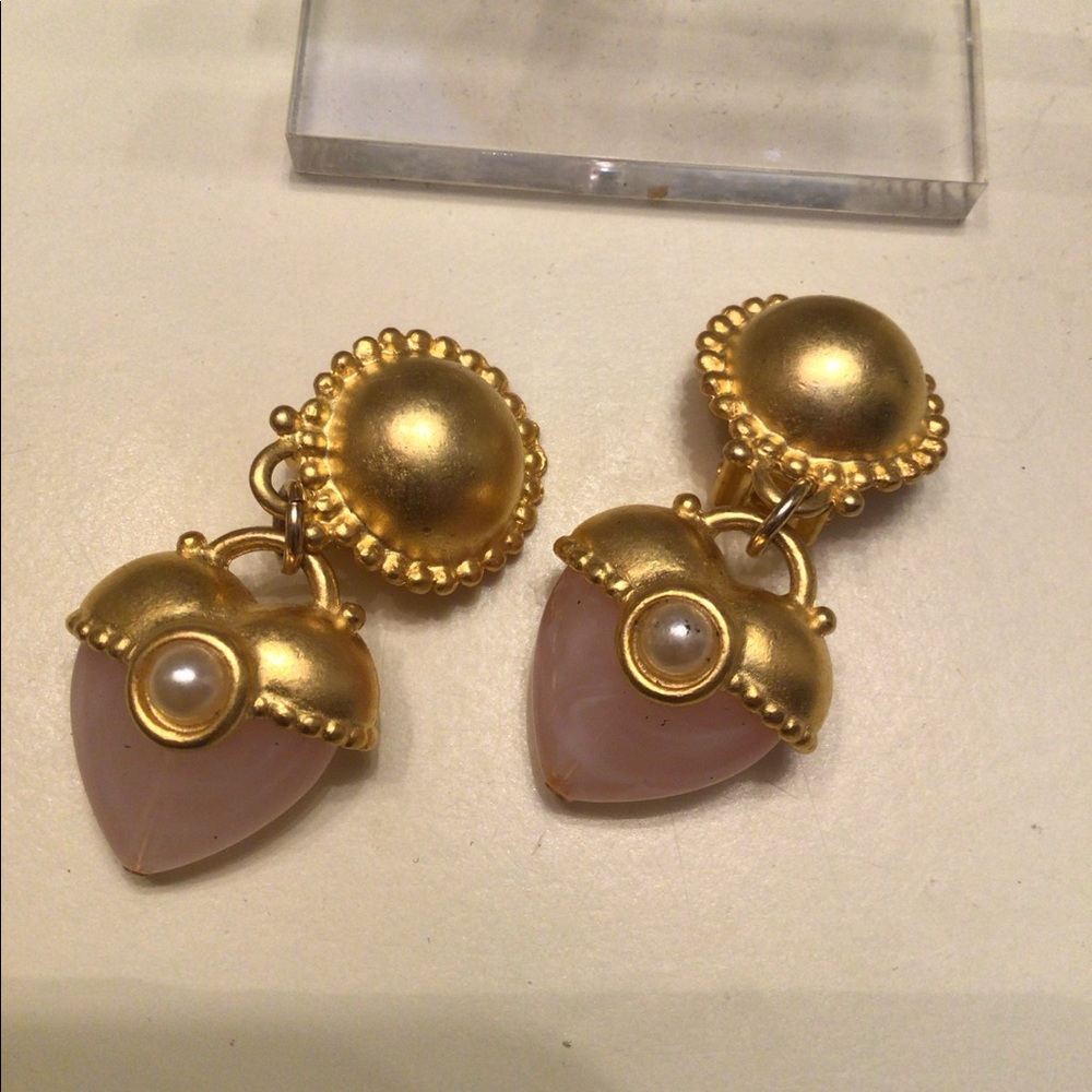 Pink Quartz heart gold tone earrings